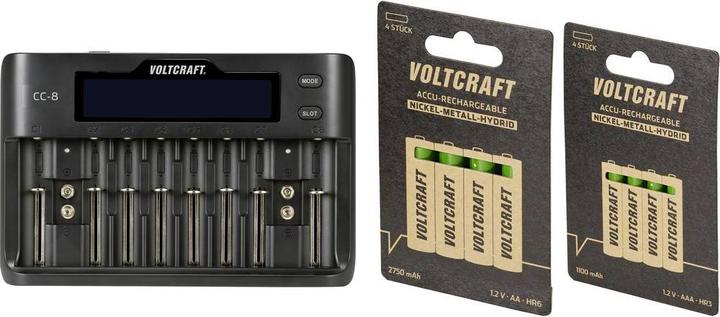 Actual product image Voltcraft Set CC-8 + Micro/Mignon batteries (8 pcs., 10340, 14500, 16340, 17500, 17650, 18490, 18500, 18650, 21700, 22650, 26500, 26650, A, Sub-C, 9V Block, AA, AAA, 2750 mAh, Battery + charger)