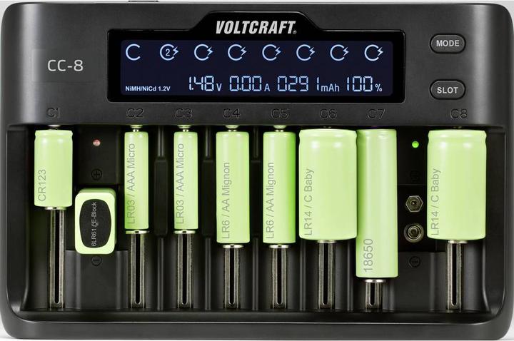 Actual product image Voltcraft CC-8 Round Cell Charger (1 pcs., 10340, 14500, 16340, 17500, 17650, 18490, 18500, 18650, 21700, 22650, A, AAA, AA, Sub-C, 9V Block, Chargers without battery)