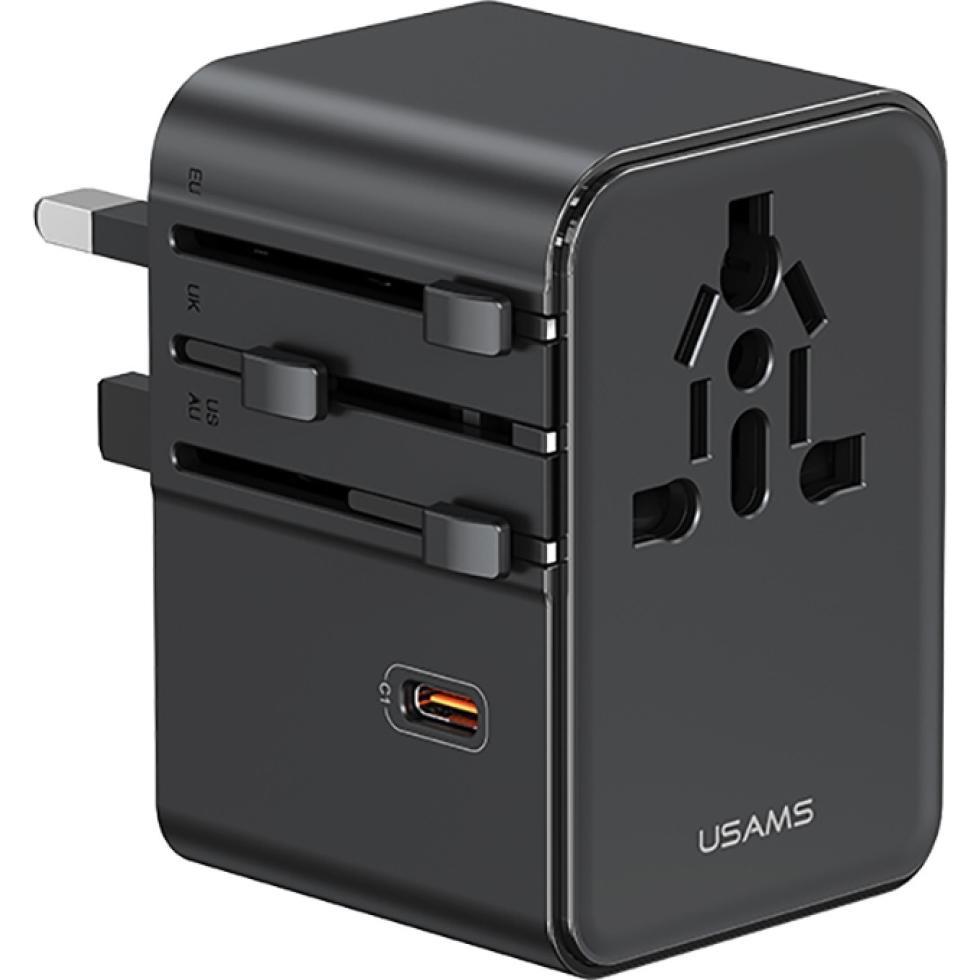 Usams Travel Charger Adapter CC310 3xUSB-C 70W 4in1 US/AU/EU/UK black (70 W), Caricatore USB, Nero