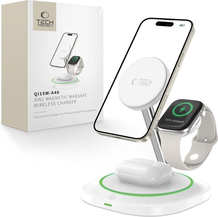Actual product image Tech-Protect QI15W-A46 3in1 Magnetic MagSafe Inductive Charger - White (15 W)