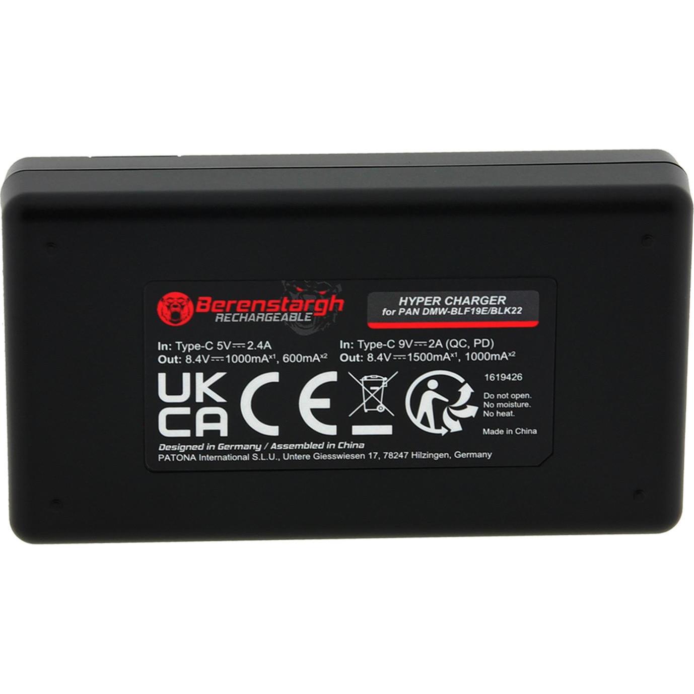 Berenstargh Hyper PD Ladegerät für Panasonic Lumix DMC-GH3 GH3A GH4 DMW-BLF19 DMW-BLK22 inkl. USB-C (Caricabatterie per fotocamere), Alimentatore foto