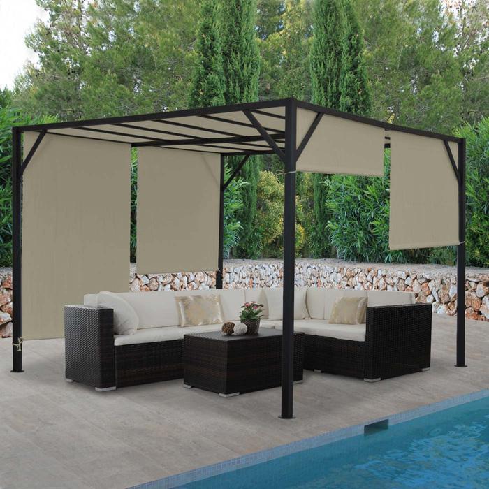 Produktbild Mendler Pergola Baia, Garten Pavillon Terrassenüberdachung, stabiles 6cm-Stahl-Gestell + Schiebedach taupe - (405 cm, 305 cm)