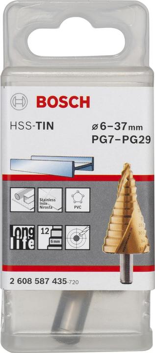 Produktbild Bosch Professional Zubehör Stufenbohrer HSS-TiN, für Kabelverschraubung, 6 - 37 mm, 10 mm, 93 mm, 12 Stufen (37 mm)