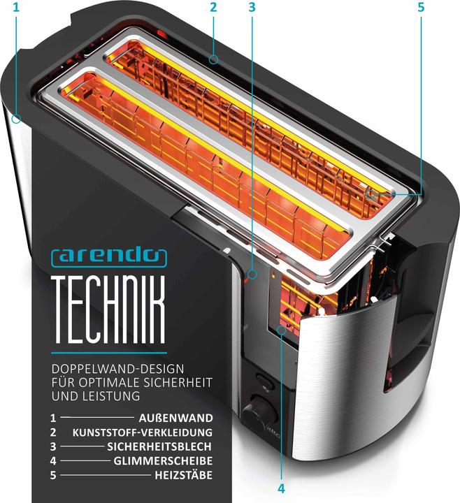 Immagine prodotto Arendo Tostapane in acciaio inox a 4 fette con fessura lunga, doppia parete, scalda panini, display con