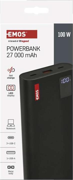 Produktbild Emos Powerbank NTBF30, 27 000 mAh, 100 W PD, schwarz (27000 mAh, 100 W, 99.90 Wh)