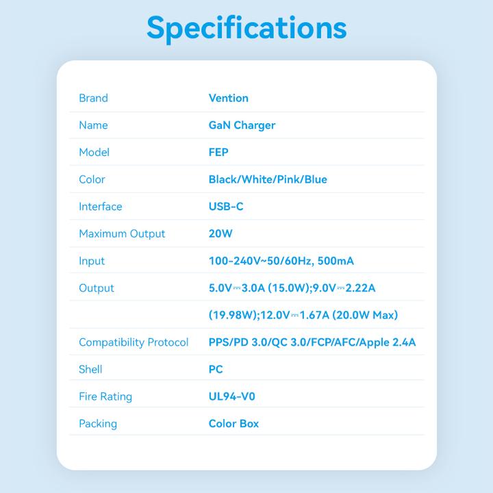 Produktbild Vention Wall charger,, FEPB0-EU, USB-C, 20W, GaN (black) (20 W, 1 Port)