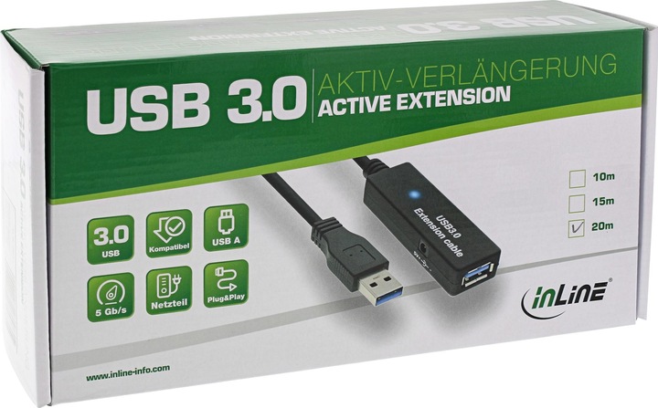 Produktbild InLine USB 3.0 Aktiv Verlängerung Stecker A an Buchse A 10m (10 m, USB 3.2 Gen 1)