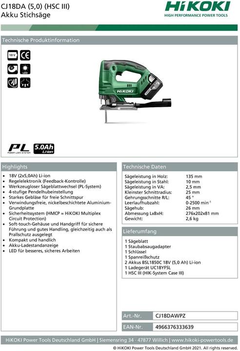 Produktbild Hikoki Akku Stichsäge CJ18DA 5,0 Ah HSC III