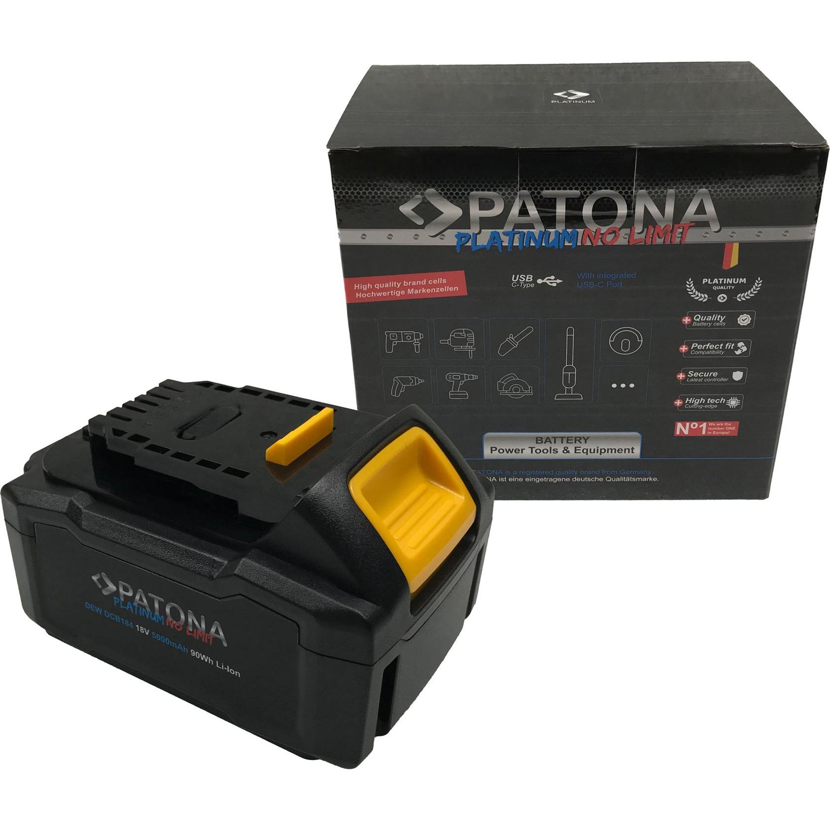Patona Batteria Platinum f. Dewalt DCB184 (Batteria della fotocamera), Alimentatore fotocamera, Nero