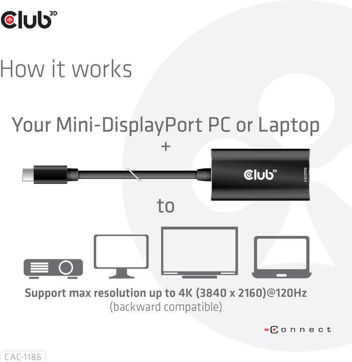 Produktbild Club 3D Club3D Adapter MiniDisplayPort > HDMI 2.1 HDR 120Hz aktiv (Mini DP, 0.60 cm)