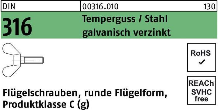 Produktbild Flügelschraube DIN 316 M 12 x 50 Temperguss/Stahl galvanisch verzinkt (20 Schrauben pro Stück)