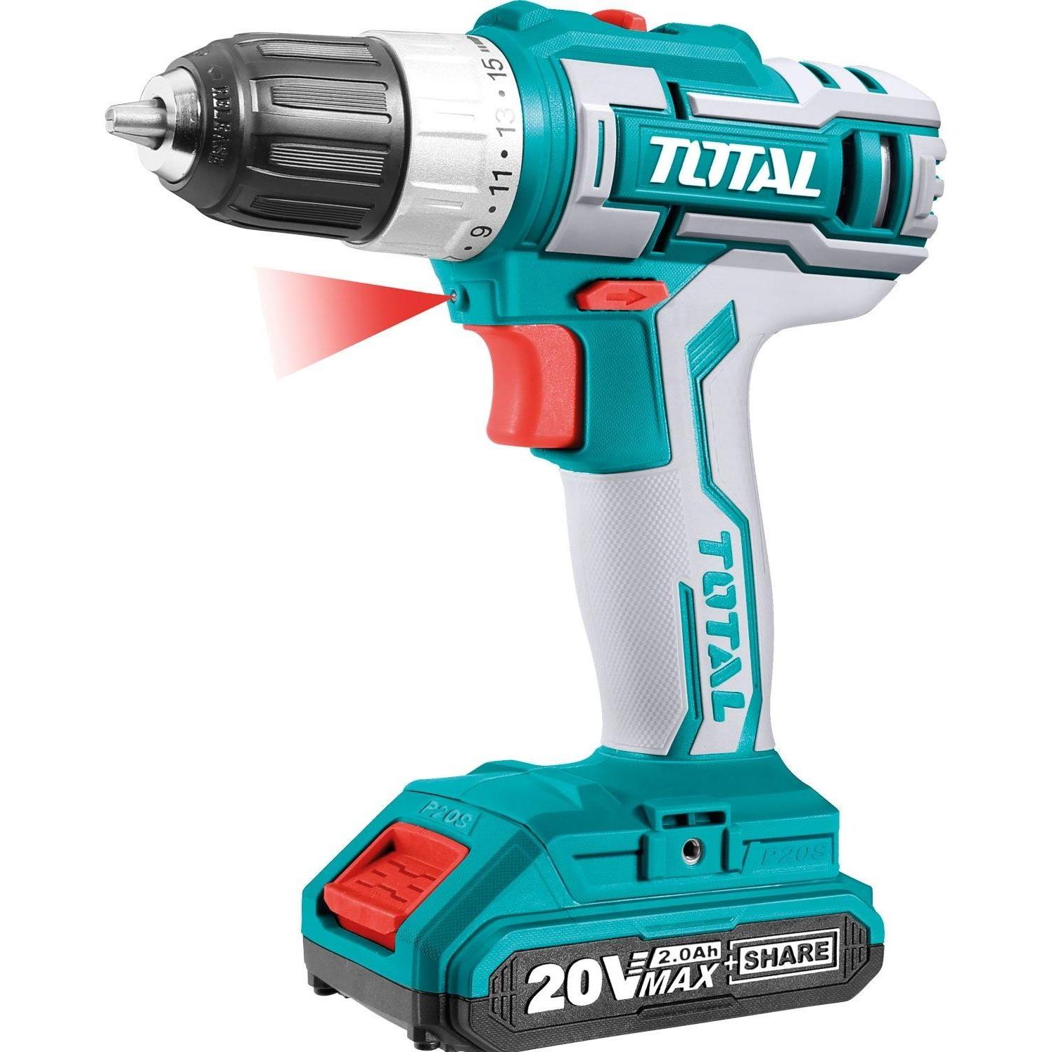 Total, Bohrmaschine + Akkuschrauber, Akku-Bohrschrauber, 20V Li-Ion, 2000mAh, Industrie (Akkubetrieb)