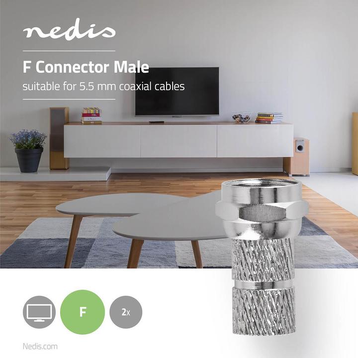 Image du produit Nedis F-plug straight plug Plaqué or 75 Ohm Twist-on Diamètre d'entrée de câble : 5,5 mm Cuivre Met (75 dB, Fiches et connecteurs)