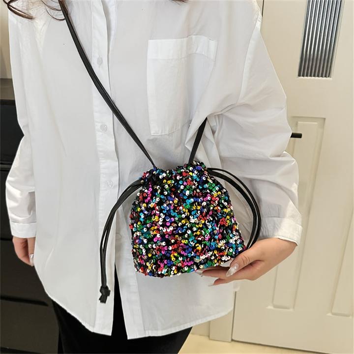 Actual product image Only-Bags.Store Colourful sparkle glitter sequins lightweight bucket bag, stylish street commuter style soft