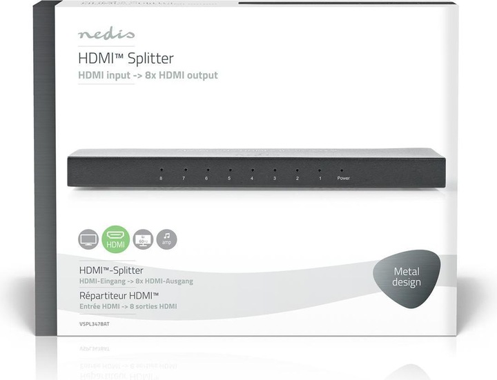 Image du produit Nedis HDMI T Splitter 8-Port Port(s) HDMIT Entrée 8X HDMIT Sortie 4K@60Hz 18 Gbps Métal Anthrazi