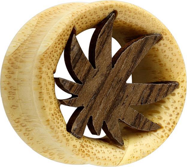Actual product image Star Piercing Flared tunnel with hemp leaf made of bamboo wood (without brass, Organic)