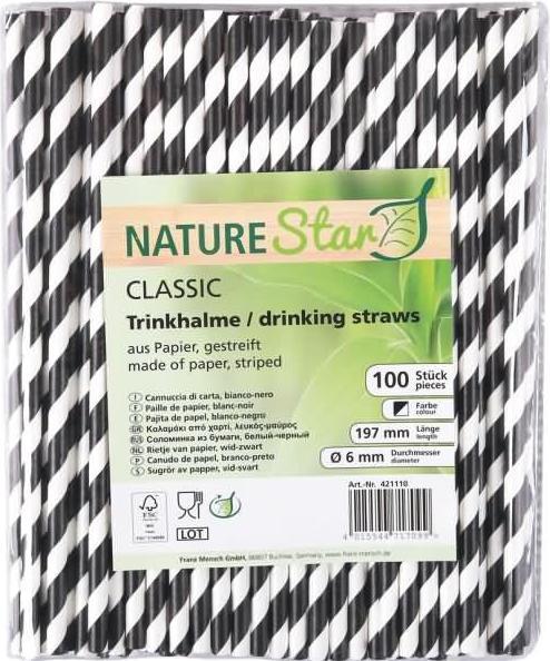 Produktbild Naturestar Papiertrinkhalme Bio Classic 6x197mm gestreift schwarz/weiss VE=100 Stück (100 x)