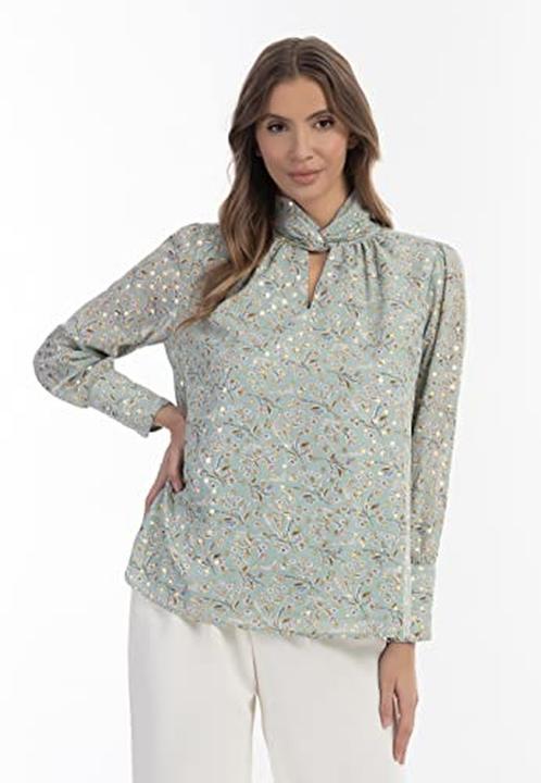 Actual product image Nelice Women's Blouse with Allover Floral Print, Gold Dots, Draped Stand Collar and Cut-Out (XL)