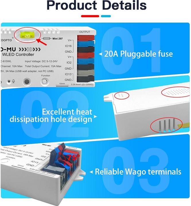 Image du produit Gledopto ESP32 Advanced WLED Controller 15A 5-24V GL-C-615WL
