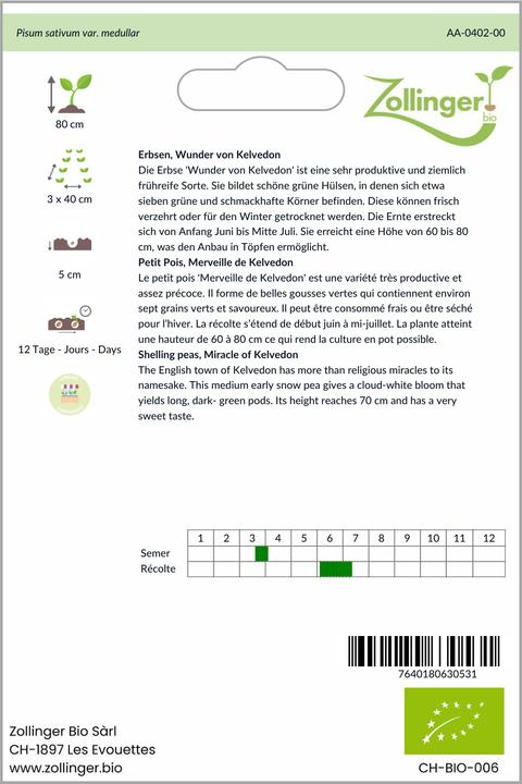 Image du produit Zollinger Bio Pois, miracle de Kelvedon (Germes)