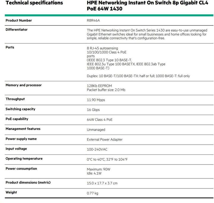 Valeurs nutritives et ingrédients HPE Aruba Instant On 1430 Commutateur PoE R8R46A (8 ports)