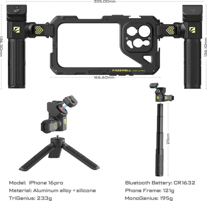 Produktbild Freewell iPhone 16 Pro Max Genius Rig iPhone 16 Pro Max Genius Rig Cage, Tripod and Monopod Handles, Bluetoot