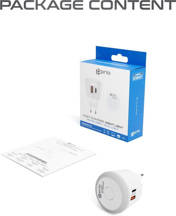 Actual product image prio Fast Charge Wall Charger 20W PD (USB C) + QC 3.0 (USB A) Night Light white (20 W)