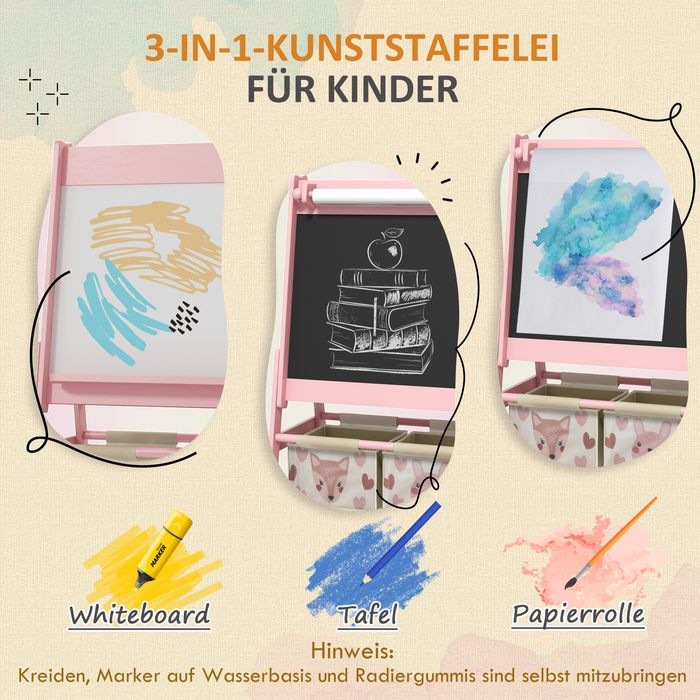 Produktbild Swisshandel24 3-in-1 Kinder Staffelei mit Papierrolle, Kreidetafel, Whiteboard, Aufbewahrungskörbe, 54x46,5x93cm