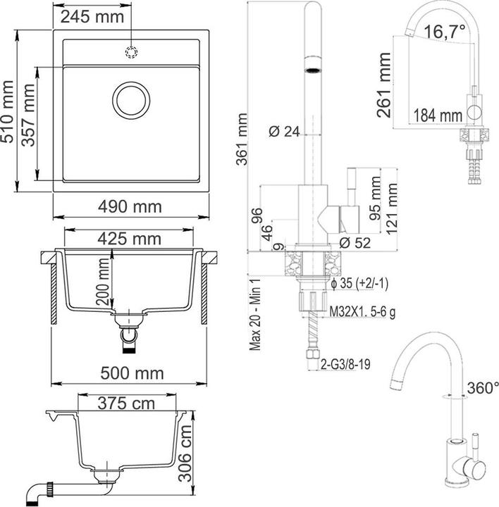 Produktbild Bergström mit Armatur  mit Armatur , Schwarz, 49 x 50 cm mit Armatur Schwarz (50 cm, 49 cm)