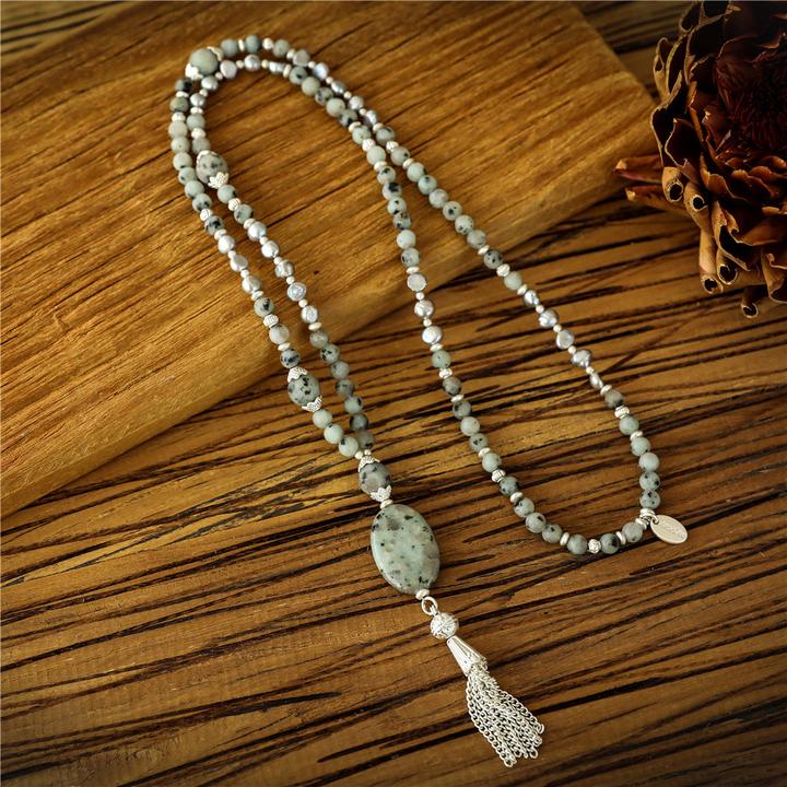 Image du produit Andreani Collier avec pendentif en jaspe kiwi véritable avec de véritables perles d'eau douce