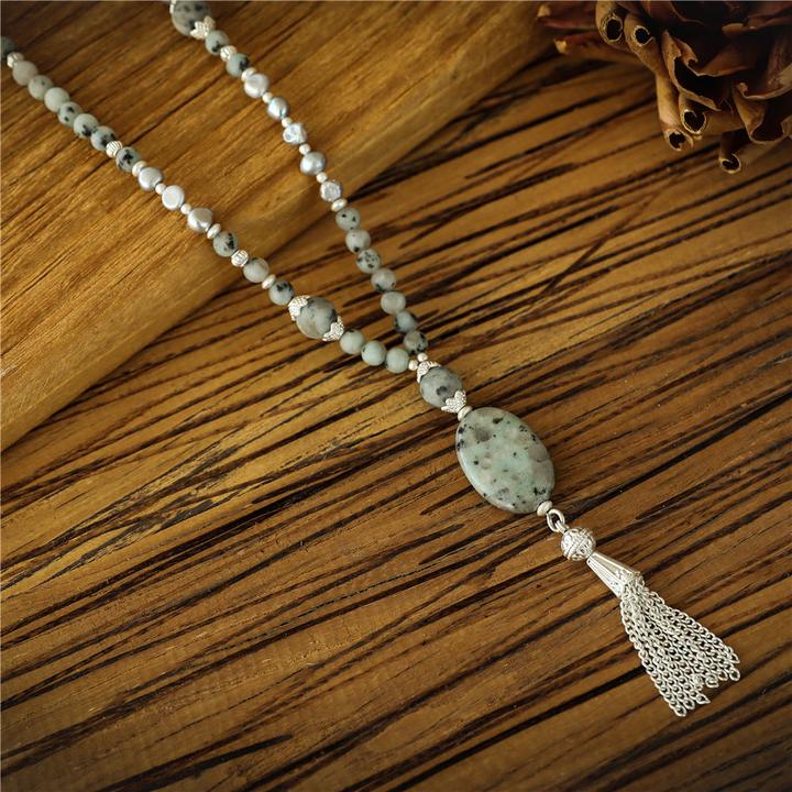 Image du produit Andreani Collier avec pendentif en jaspe kiwi véritable avec de véritables perles d'eau douce