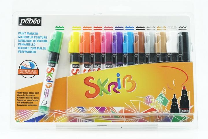 Actual product image Pebeo Skrib Paint Marker Gouache Set 12 Markers Rainbow (Multicoloured, 0.70 mm, 12 x)