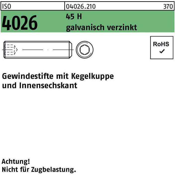Reyher, Schrauben, Gewindestift ISO 4026 Kegelkuppe/Innen-6-kant M 12 x 80 45 H galvanisch verzinkt (50 Schrauben pro St...