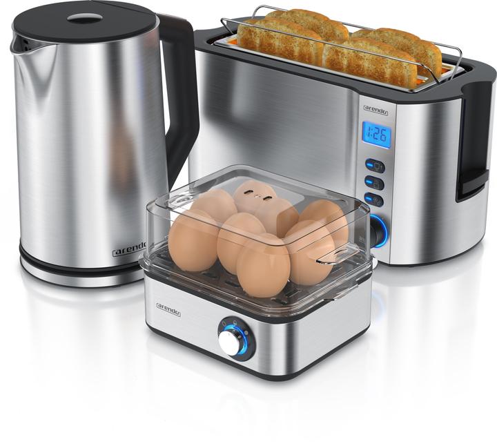 Actual product image Arendo Breakfast set, kettle 1.5l temperature selection, 4 disc toaster & egg cooker for 8 eggs, silver