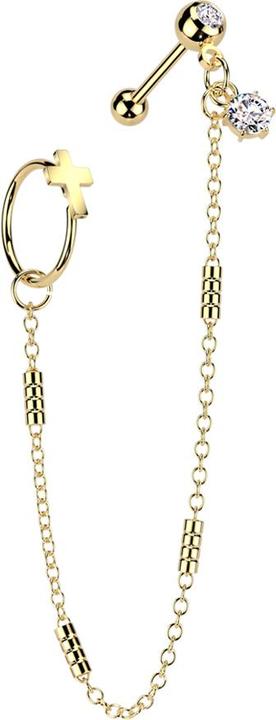 Actual product image Star Piercing Micro Barbell vergoldet mit Kugel und Kugeln Kristall silber Verbindungskette vier Balken Ring Kreuz (Brass, Surgical steel 316L)