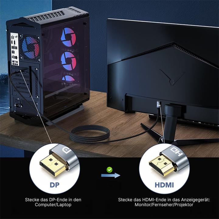 Actual product image Hermex DisplayPort 1.2 zu HDMI 2.0 Kabel 2m DP zu HDMI-Kabel Anschlusskabel (2 m)