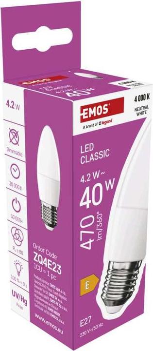 Image du produit Emos Lampe LED Classic Candle / E27 / 4,2 W (40 W) / 470 lm / Blanc neutre (E27, 470 lm, 1 x)