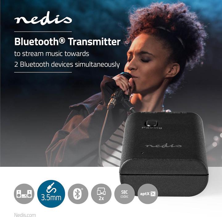 Immagine prodotto Nedis Trasmettitore audio wireless - Bluetooth® - Chipset AptX - Fino a 2 cuffie - Chipset AptX - Ü (Trasmettitore e ricevitore)