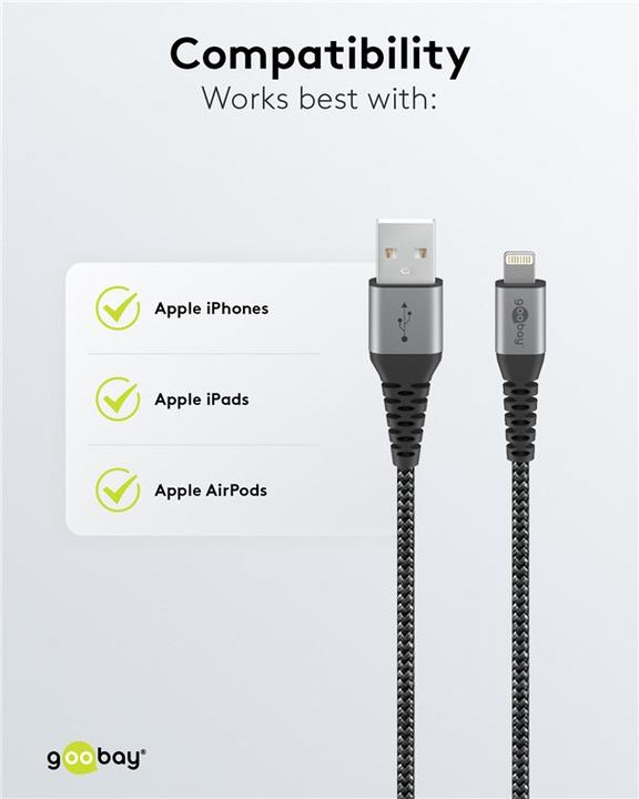 Actual product image Goobay Lightning to USB-A textile cable with metal plugs (space gray/silver) 2 m, 2 m, black-gray (2 m, USB 2.0)