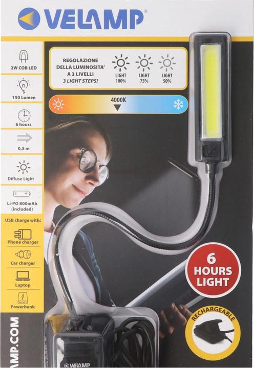 Actual product image Velamp LED-Leseleuchte wiederaufladbar 3 Leuchtstufen (150 lm)