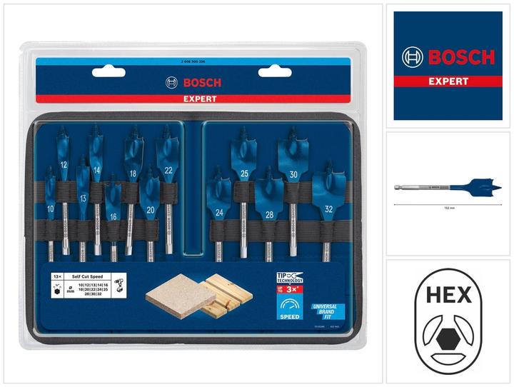 Produktbild Bosch Professional Zubehör EXPERT Self Cut Speed Flachfräsbohrer-Set, 10/12/13/14/16/18/20/22/24/25/28/30/32 mm, 13-tlg. (10, 12, 13, 14, 16, 18, 20, 22, 24, 25, 28, 30, 32 Millimeter)