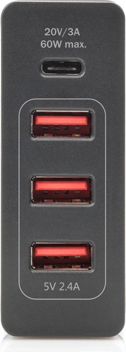 Produktbild Digitus 4-Port USB-Ladeadapter 72W 1x USB-C PD 5 9 15 20V/3A 3x USB-A 5V/2.4A schwarz (72 W, 4 Ports)