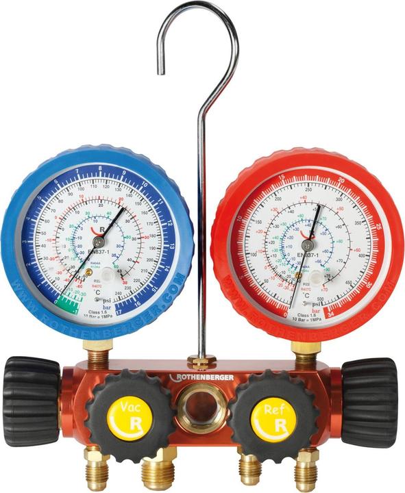 Produktbild Rothenberger Analoges 4-Wege-Manometer-Set, inkl. Schläuche mit Kugelhahn für R410A und R32.