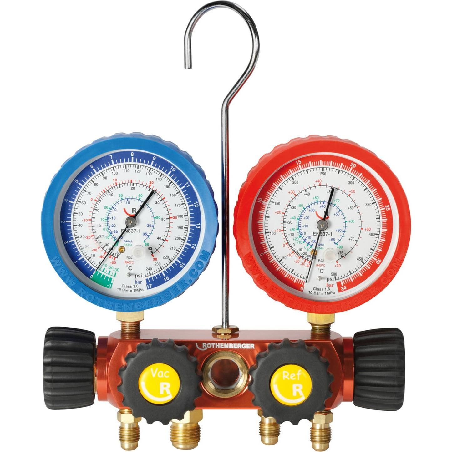 Rothenberger Set di manometri analogici a 4 vie, inclusi i tubi con valvola a sfera per R410A e R32., Accessori per condizionatore d'aria