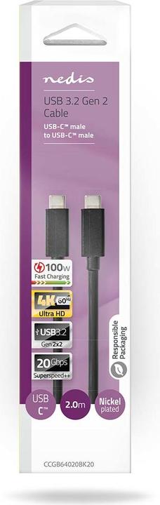 Produktbild Nedis USB-Kabel | USB 3.2 Gen 2x2 | USB-C™ Stecker | USB-C™ Stecker | 100 W | 4K@60Hz | 20 Gbps | Ve (2 m, USB 3.2 Gen 2, 100 W)