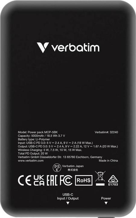 Produktbild Verbatim POWER BANK 5000 NOIR (5000 mAh, 20 W, 18.50 Wh)