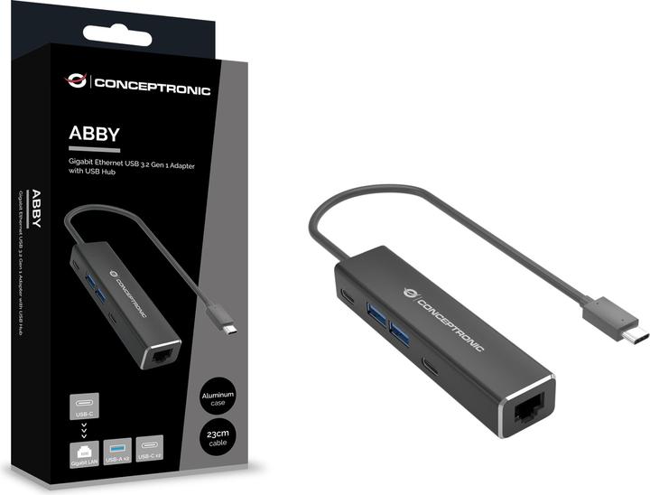 Produktbild Conceptronic Adapter USB-C -> RJ45 Gigabit,3xUSB3.0 0.15m sw