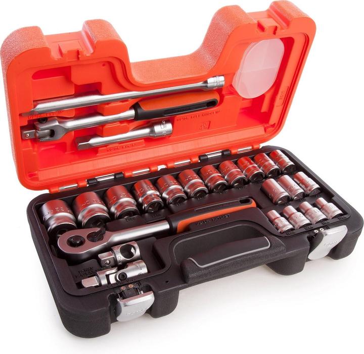 Produktbild Bahco 1/2"-Steckschlüssel-Satz, metrisch, Sechskant, inklusive Umschaltknarre - 24-teilig (32 mm, 19 mm, 12 mm, 24 mm, 14 mm, 22 mm, 16 mm, 23 mm, 10  mm, 21 mm, 18 mm, 27 mm, 17 mm, 11 mm, 15 mm, 30 mm, 13 mm, 20 mm)