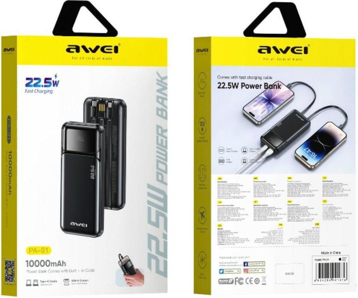 Actual product image Awei Powerbank PA-91 10000mAh 22,5W PD 2xUSB-C + cable black (10000 mAh, 22.50 W)