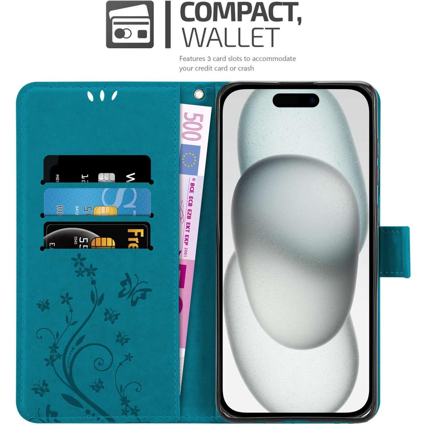 Thumbnail - Cadorabo Hülle für Apple iPhone 15 mit Blumen Muster (Apple iPhone 15), Smartphone Hülle, Blau